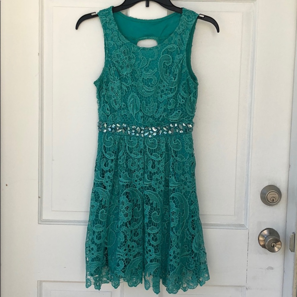 Teal dress with lace overlay